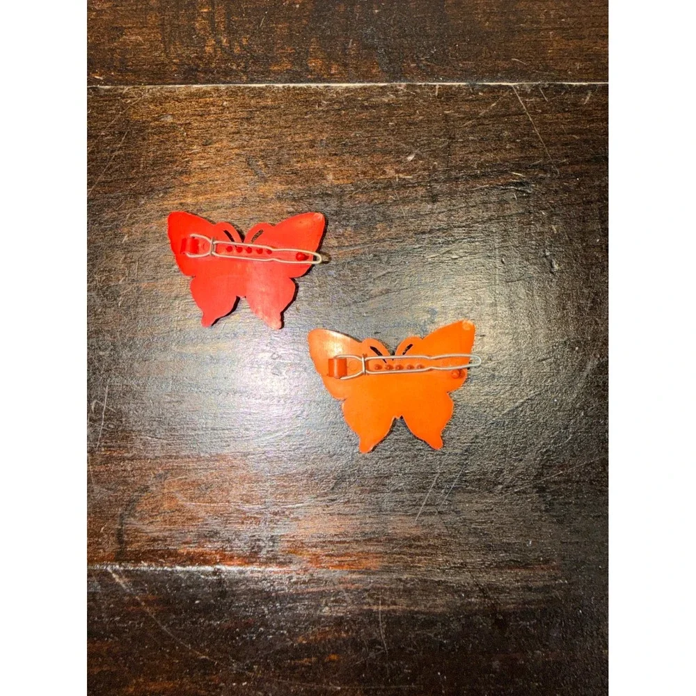Vintage Butterfly Hair Clips Set‎ of 2 Orange Red Kids Plastic Barrettes